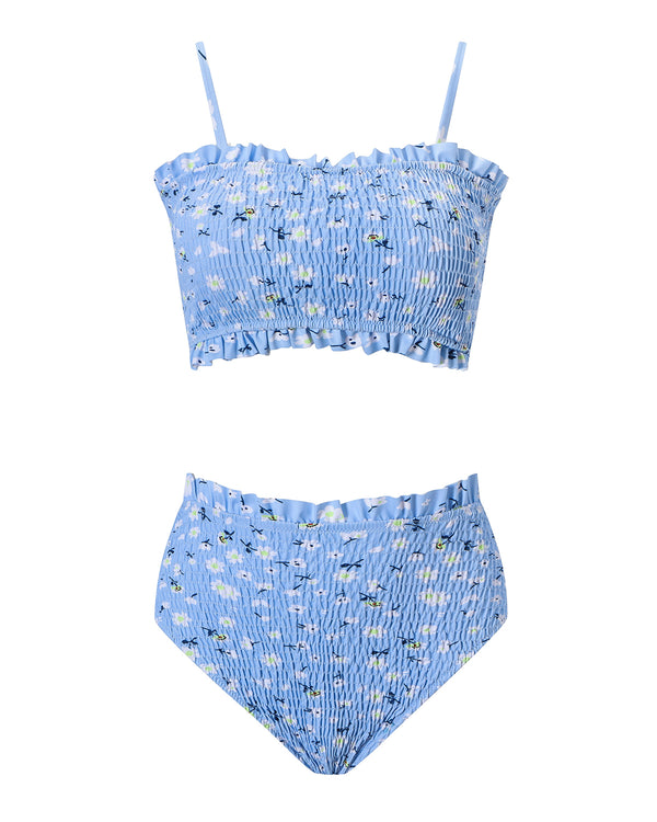 VOLAFA Women's High Waisted Bikini Swimsuit Smocked Print Scoop Elastic Two Piece Bathing Suit Set